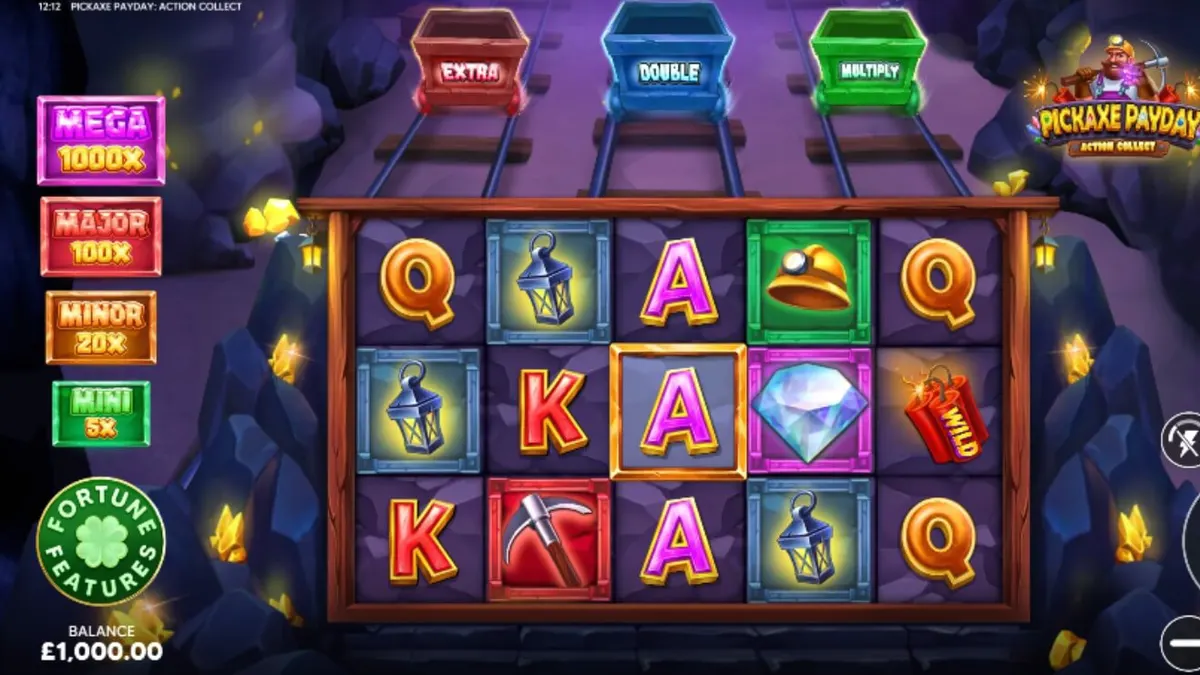 Tampilan visual slot Pickaxe Payday dengan latar belakang tambang emas